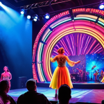 **A vibrant musical stage with two artists of different genres collaborating, bathed in colorful lights, capturing the excitement of the audience and the synergy between the performers.** (Focus: Stage Performance, Collaboration, Excitement)