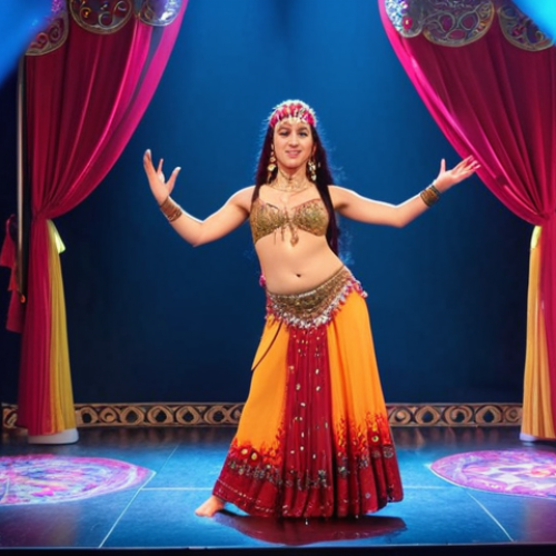 A vibrant musical theater performance with an actor singing and performing belly dance, showcasing the fusion of art forms.