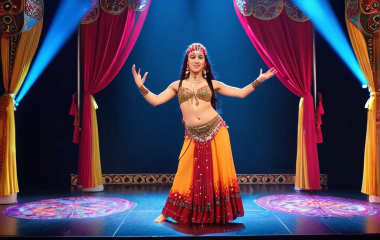 A vibrant musical theater performance with an actor singing and performing belly dance, showcasing the fusion of art forms.