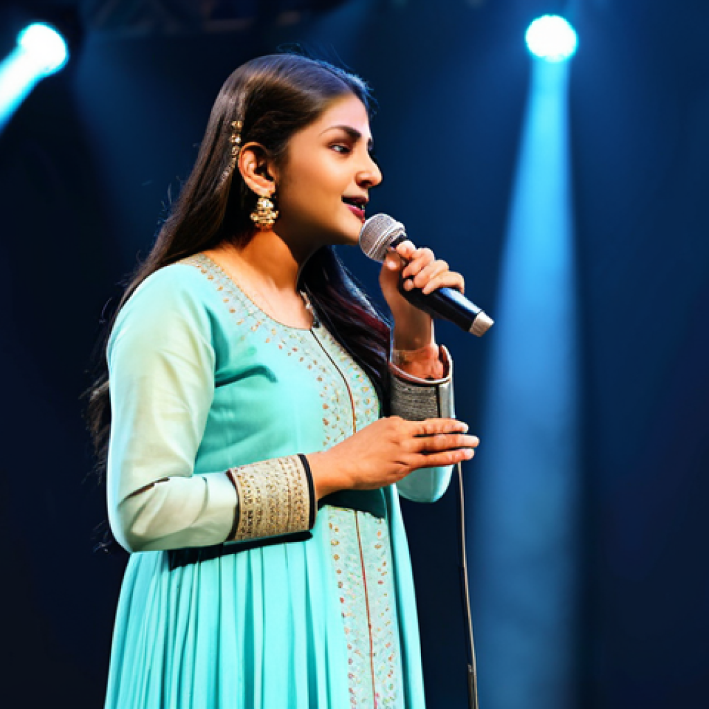 뮤지컬 배우의 연기력 향상 훈련 - **

"A professional singer, fully clothed in modest Indian attire like a salwar kameez, performing o...