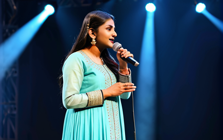 뮤지컬 배우의 연기력 향상 훈련 - **

"A professional singer, fully clothed in modest Indian attire like a salwar kameez, performing o...