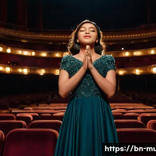 뮤지컬 배우를 위한 동기 부여 이야기 - **Prompt:** A young female singer, late 20s, stands center stage in a grand theatre, illuminated by ...