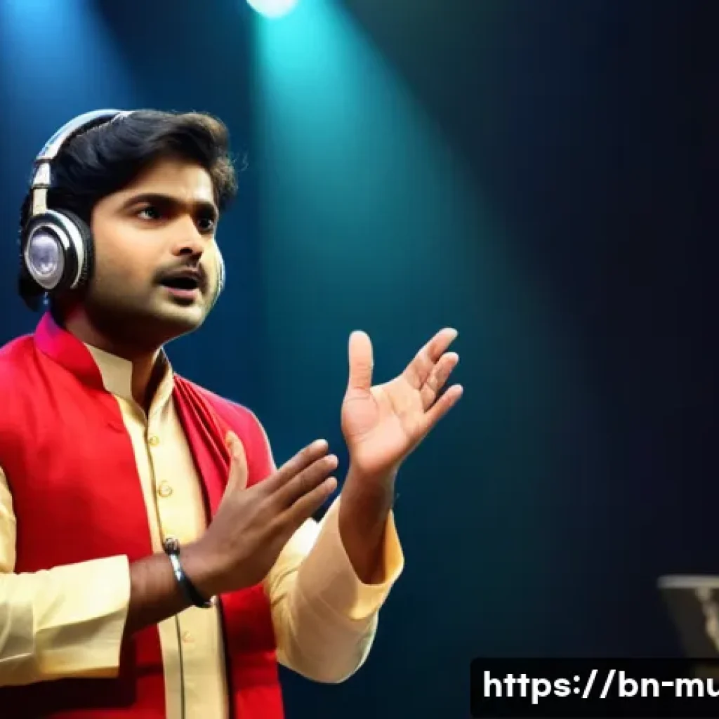 뮤지컬 배우를 위한 스피치 기술 - A young Bengali musical actor on stage, wearing elegant traditional attire with a subtle microphone ...