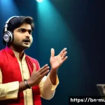 뮤지컬 배우를 위한 스피치 기술 - A young Bengali musical actor on stage, wearing elegant traditional attire with a subtle microphone ...