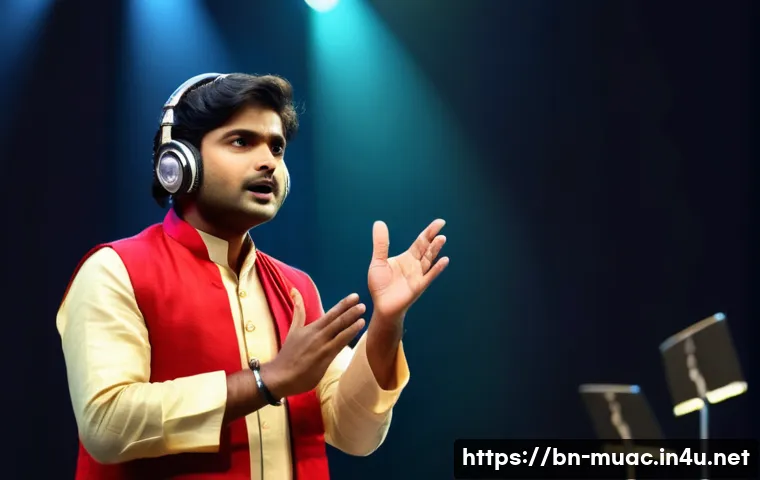 뮤지컬 배우를 위한 스피치 기술 - A young Bengali musical actor on stage, wearing elegant traditional attire with a subtle microphone ...