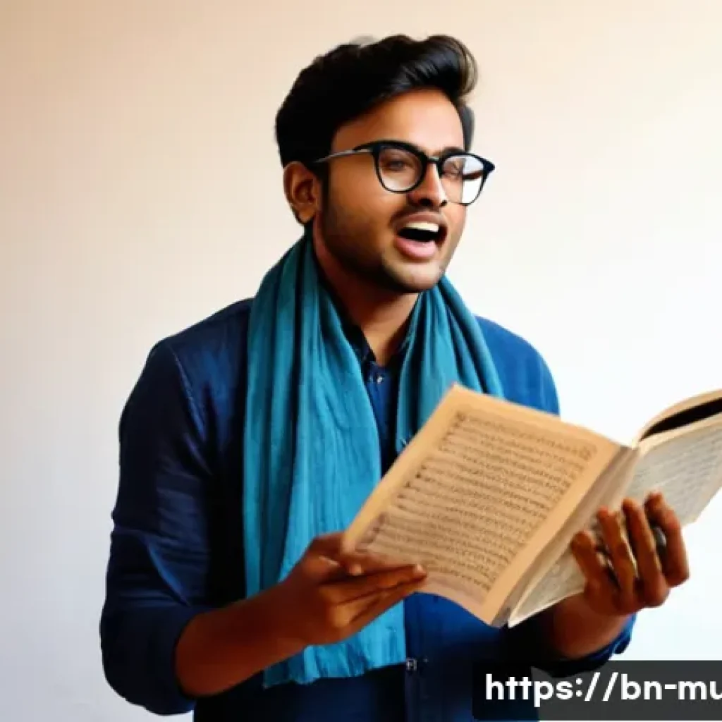 뮤지컬 배우의 쇼케이스 준비 방법 - A young Bengali musical theater actor practicing singing in a cozy room, wearing comfortable rehears...
