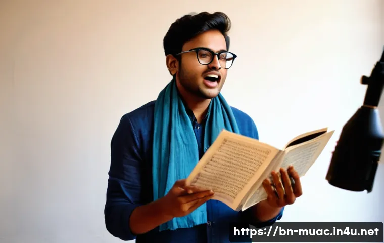 뮤지컬 배우의 쇼케이스 준비 방법 - A young Bengali musical theater actor practicing singing in a cozy room, wearing comfortable rehears...
