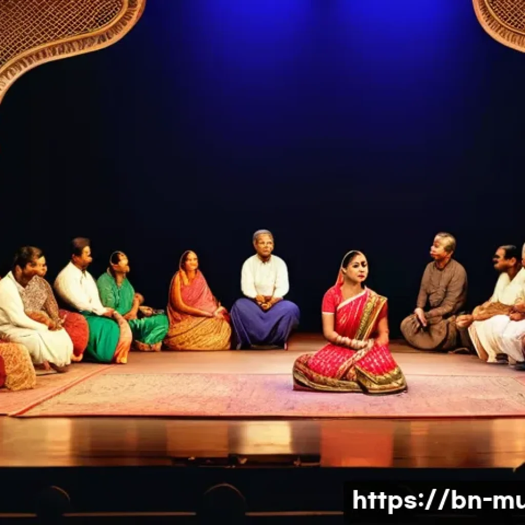 뮤지컬 배우의 공연장 에티켓 사례 - A respectful theater audience scene in a traditional Bengali auditorium, showing diverse Bengali men...