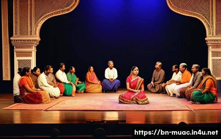 뮤지컬 배우의 공연장 에티켓 사례 - A respectful theater audience scene in a traditional Bengali auditorium, showing diverse Bengali men...