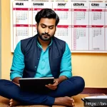 뮤지컬 배우의 스케줄 관리 비법 - A focused Bengali musical actor in his 30s, wearing casual yet neat clothing and reading a neatly or...