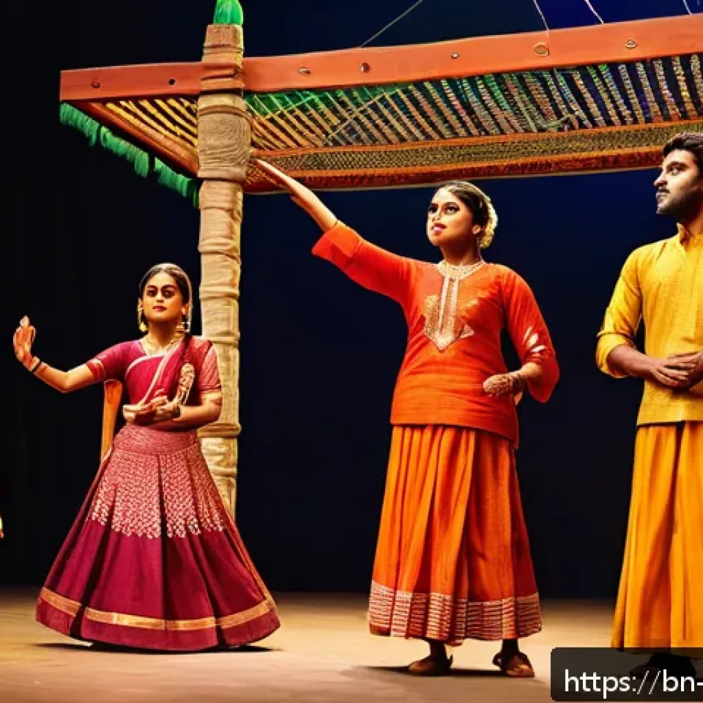 뮤지컬 배우 현장 리허설 경험기 - A vibrant rehearsal scene inside a traditional Bengali theater, featuring a diverse group of actors ...