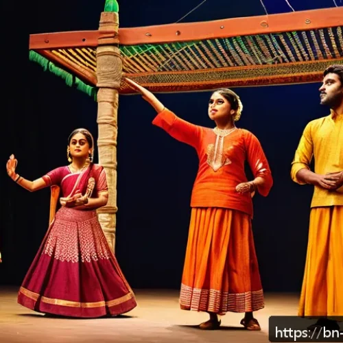 뮤지컬 배우 현장 리허설 경험기 - A vibrant rehearsal scene inside a traditional Bengali theater, featuring a diverse group of actors ...