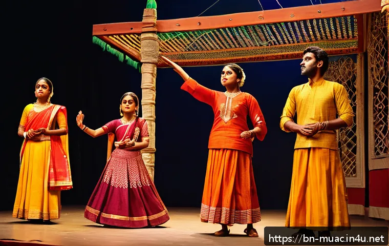 뮤지컬 배우 현장 리허설 경험기 - A vibrant rehearsal scene inside a traditional Bengali theater, featuring a diverse group of actors ...