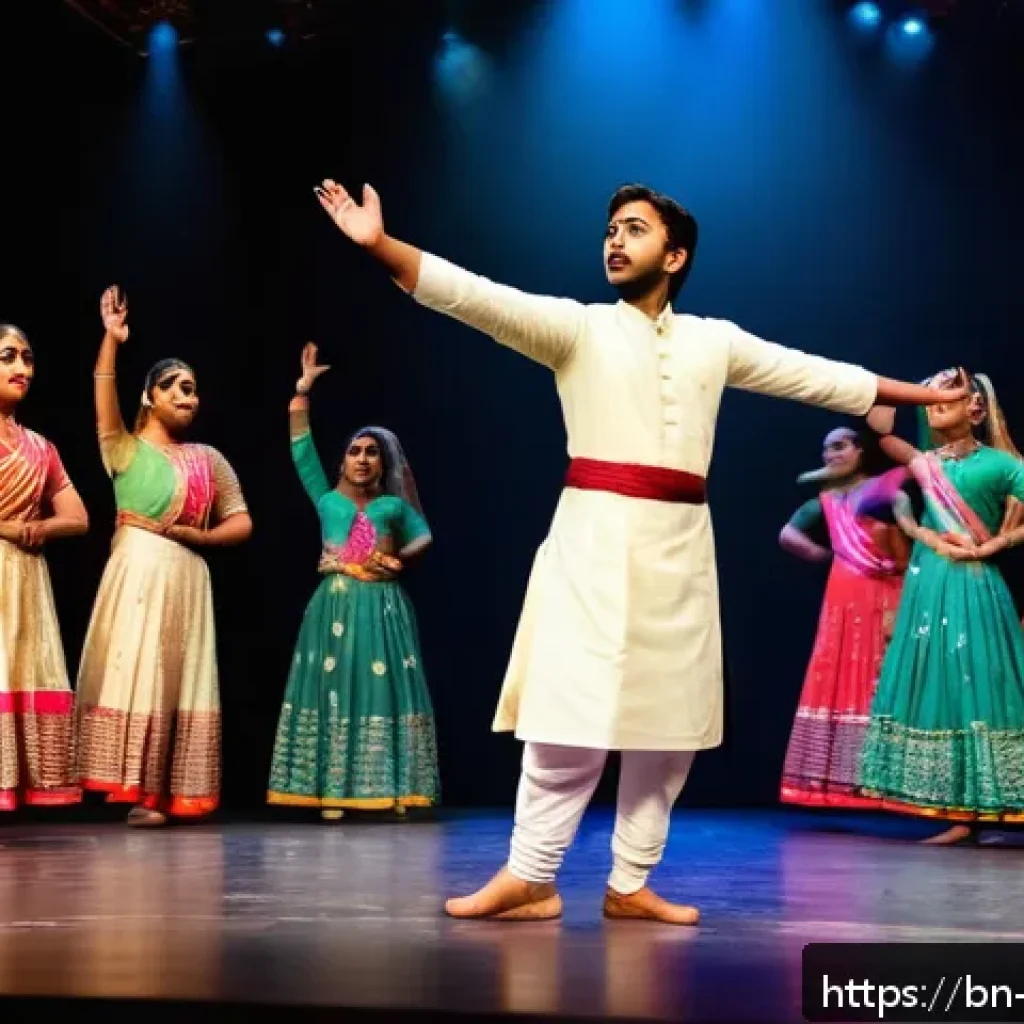 뮤지컬 배우의 뮤지컬 장르별 특징 - A vibrant stage scene from a Bengali musical theater performance featuring a young male actor in tra...
