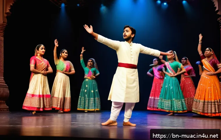 뮤지컬 배우의 뮤지컬 장르별 특징 - A vibrant stage scene from a Bengali musical theater performance featuring a young male actor in tra...