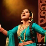 뮤지컬 배우의 노래와 연기 병행법 - A talented Bengali stage performer in mid-performance, wearing traditional yet modest stage attire, ...