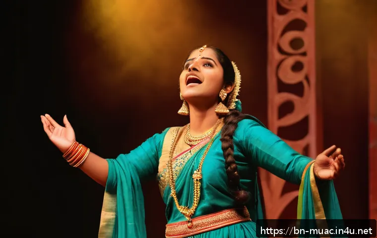 뮤지컬 배우의 노래와 연기 병행법 - A talented Bengali stage performer in mid-performance, wearing traditional yet modest stage attire, ...