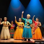 뮤지컬 배우의 협동 프로젝트 사례 - A vibrant scene of a multinational musical theater group rehearsing on stage, featuring actors from ...