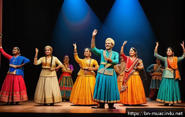 뮤지컬 배우의 협동 프로젝트 사례 - A vibrant scene of a multinational musical theater group rehearsing on stage, featuring actors from ...