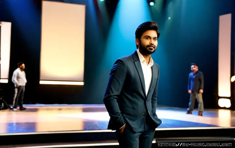 뮤지컬 배우가 도전한 TV 프로그램 출연기 - Photorealistic South Asian musical theater actor stepping into a modern television studio for a chal...