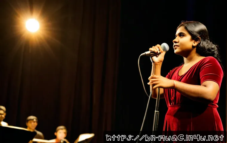 Home 17 뮤지컬 배우의 라이브 공연 팁 - Photorealistic musical theater performer rehearsing live vocal technique on an empty stage, poised s...
