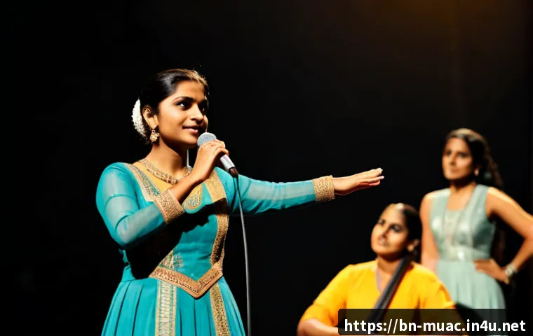 뮤지컬 배우의 공연 중 돌발 상황 대처법 - Photorealistic live musical theater scene, a poised South Asian female performer in an elegant fully...