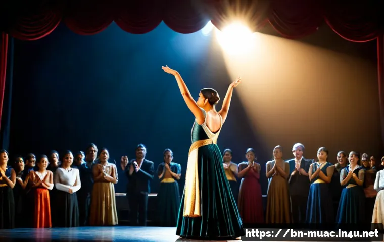 Home 17 뮤지컬 배우 무대 매너와 에티켓 - Photorealistic wide shot of a musical theatre performer in elegant formal stage costume taking a res...